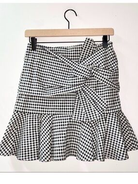 Veronica Beard Black and White Gingham Tie-Front Flounce Mini Skirt